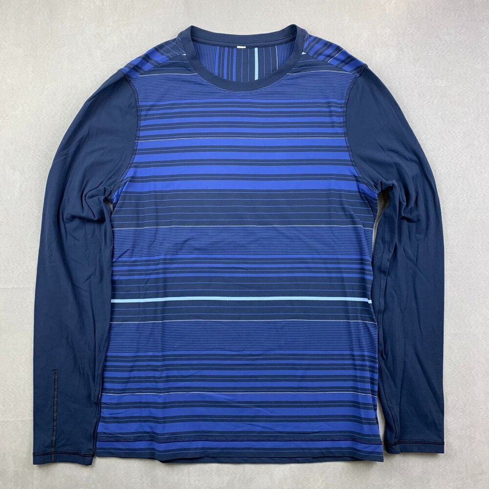 Lululemon Men Shirt Medium Blue Striped Crewneck Long Sleeve Performance Stretch